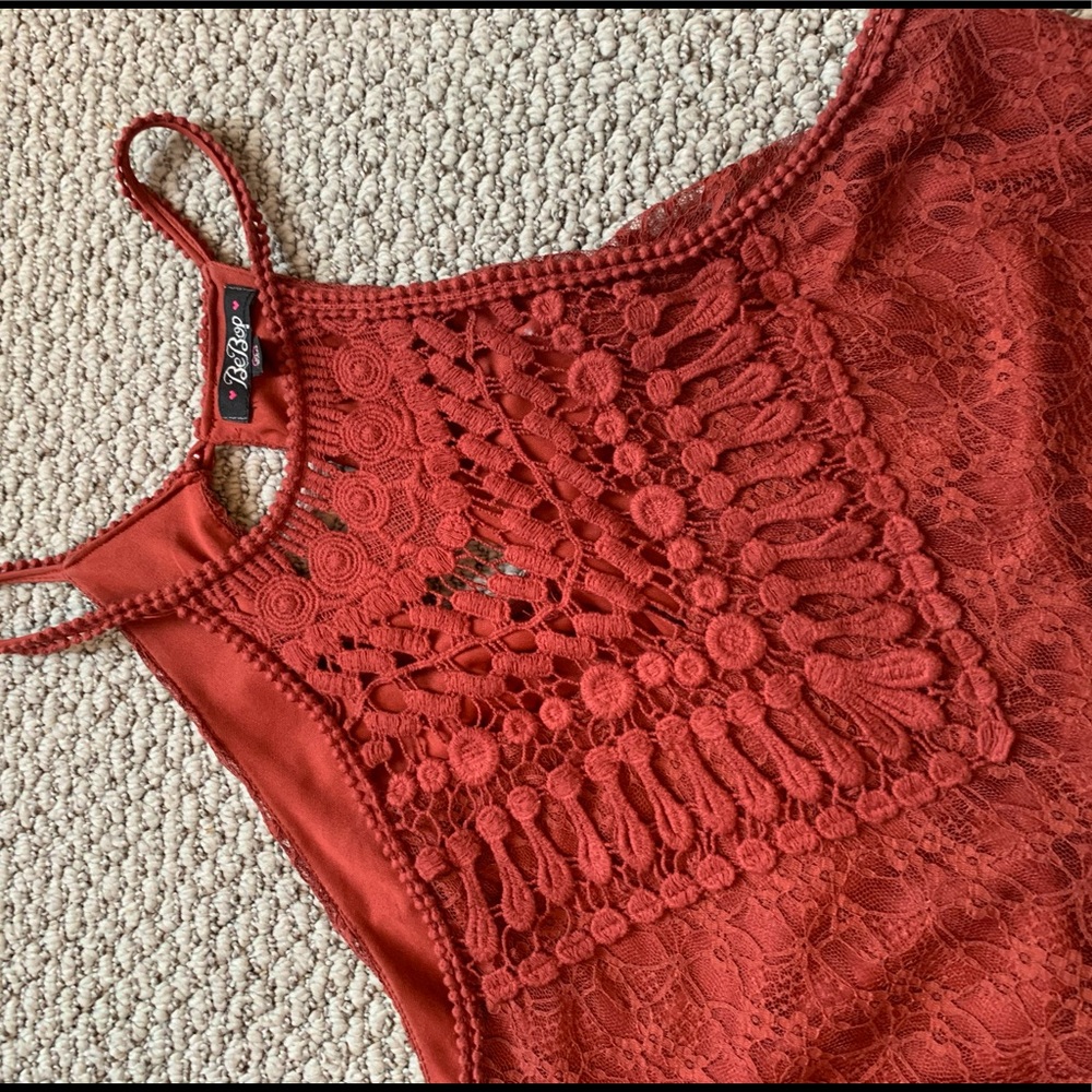 rust colored lace halter dress